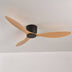 Modern flush-mount ceiling fan with natural wood blades and black motor housing against a white ceiling.