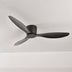 Black three-blade ceiling fan mounted on white ceiling against neutral background.