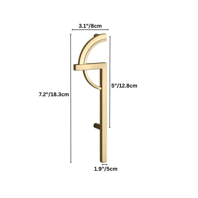 "Dimensions of a gold geometric pull bar handle."