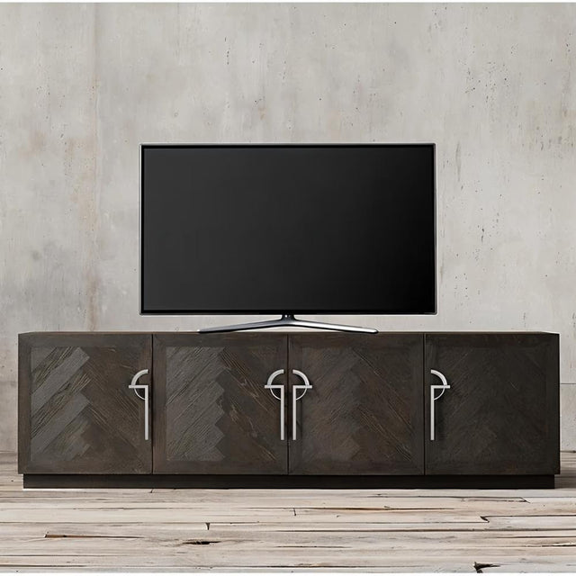 "modern zinc alloy pull bar on contemporary media console"