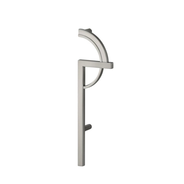 "A brushed silver geometric pull bar handle on a white background."