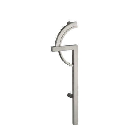 "A silver geometric pull bar handle on a white background."