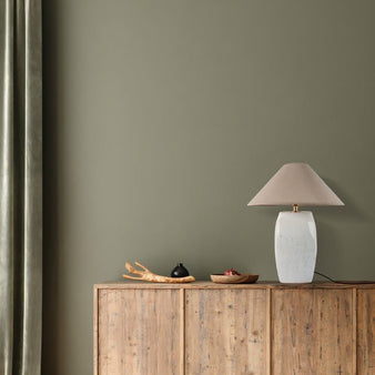 "Entola table lamp with a beige shade on a rustic wooden cabinet against a green wall."