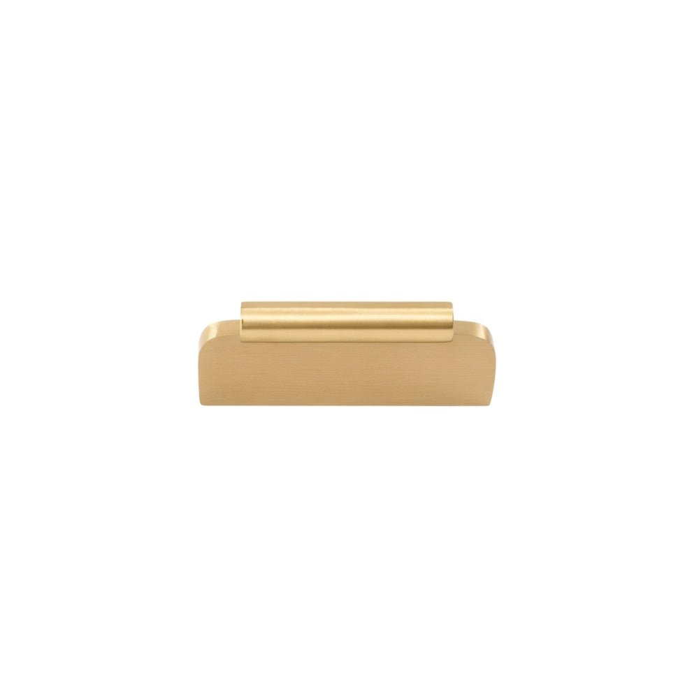 "A modern brass Erdas pull bar handle on a white background."