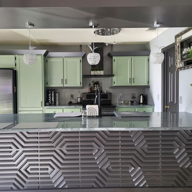 Erial PVC Wall Panels in black used on a modern kitchen island, adding a geometric, moisture-resistant finish ideal for DIY upgrades.