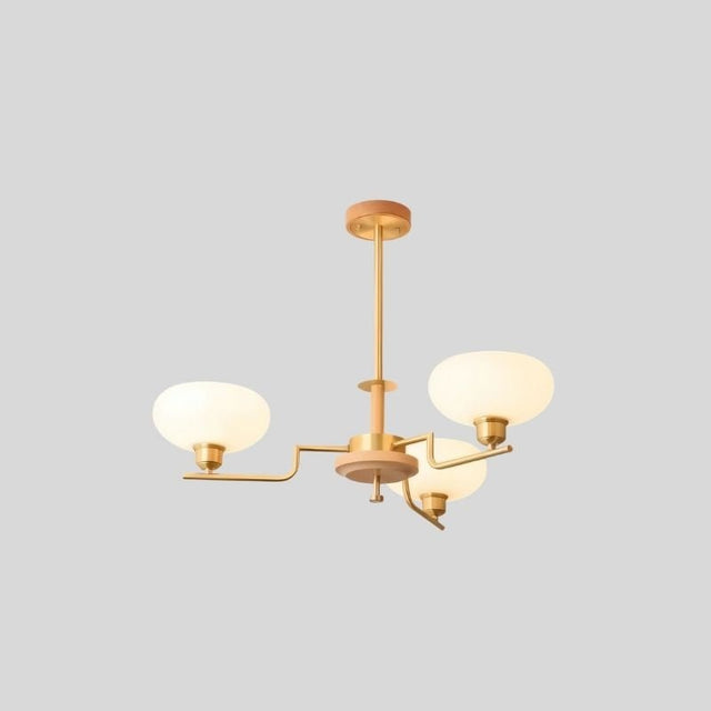 "Brass and wood chandelier with three white globe-shaped glass shades, isolated on a gray background."