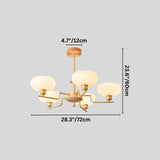 "Brass and wood chandelier with five white globe-shaped glass shades, showing dimensions: 28.3 inches wide, 23.6 inches tall, and 4.7 inches deep."