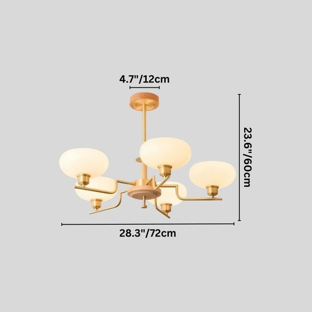 "Brass and wood chandelier with five white globe-shaped glass shades, showing dimensions: 28.3 inches wide, 23.6 inches tall, and 4.7 inches deep."