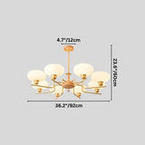 "Brass and wood chandelier with eight white globe-shaped glass shades, showing dimensions: 36.2 inches wide, 23.6 inches tall, and 4.7 inches deep."