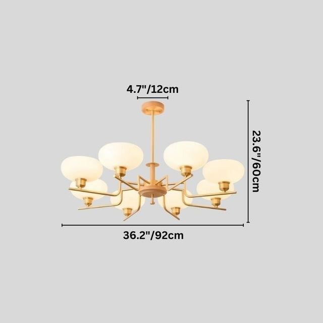 "Brass and wood chandelier with eight white globe-shaped glass shades, showing dimensions: 36.2 inches wide, 23.6 inches tall, and 4.7 inches deep."