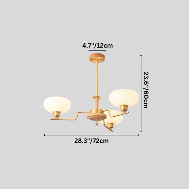 "Brass and wood chandelier with three white globe-shaped glass shades, showing dimensions: 28.3 inches wide, 23.6 inches tall, and 4.7 inches deep."