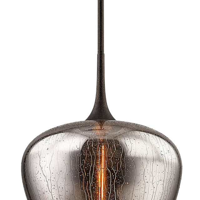 "close-up of textured glass pendant light with warm glowing bulb"