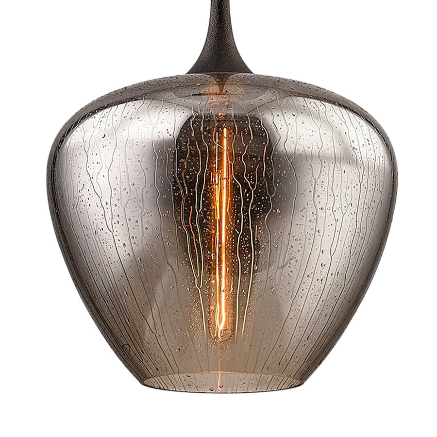 "minimalist pendant light with warm glow and iron frame design"