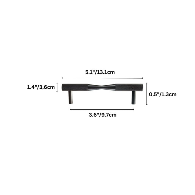 "Dimensions of a black brass pull bar: 5.1 inches (13.1 cm) length, 1.4 inches (3.6 cm) height, 0.5 inches (1.3 cm) thickness, and 3.6 inches (9.7 cm) center-to-center."