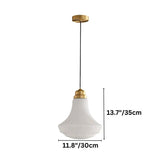 "Dimensions of a retro pendant light with a bell-shaped, striped glass shade: 13.7 inches in height and 11.8 inches in width."