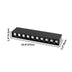 Black linear recessed downlight fixture with 10 white LED lights on white background.