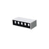 White and black rectangular recessed downlight fixture with five round apertures on white background.
