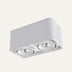 White rectangular ceiling downlight with two adjustable LED spotlights on neutral background.