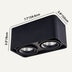 Black rectangular surface-mounted downlight with dual adjustable LED spotlights on white background.
