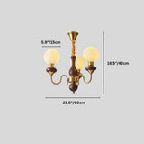 "Gold and dark wood Eurot chandelier with four lights and dimensions showing 16.5 inches/42 cm height, 23.6 inches/60 cm width, and 5.9 inches/15 cm globe diameter."