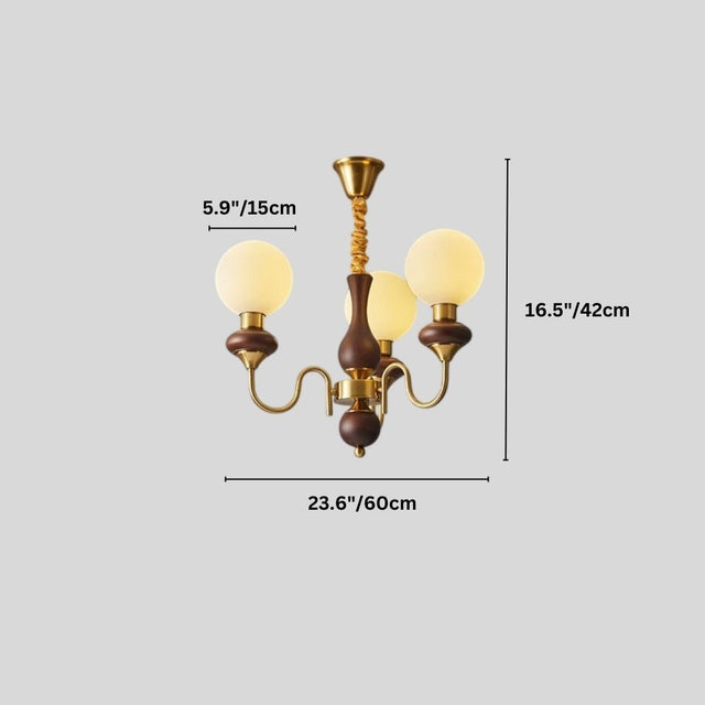 "Gold and dark wood Eurot chandelier with four lights and dimensions showing 16.5 inches/42 cm height, 23.6 inches/60 cm width, and 5.9 inches/15 cm globe diameter."