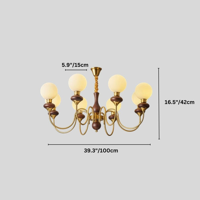 "Gold and dark wood Eurot chandelier with six lights and dimensions showing 16.5 inches/42 cm height, 39.3 inches/100 cm width, and 5.9 inches/15 cm globe diameter."