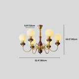 "Gold and dark wood Eurot chandelier with six lights and dimensions showing 16.5 inches/42 cm height, 31.4 inches/80 cm width, and 5.9 inches/15 cm globe diameter."