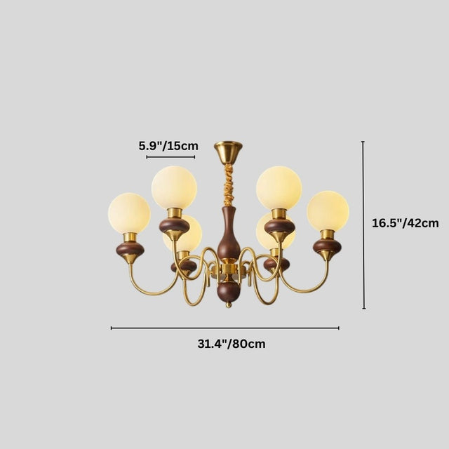 "Gold and dark wood Eurot chandelier with six lights and dimensions showing 16.5 inches/42 cm height, 31.4 inches/80 cm width, and 5.9 inches/15 cm globe diameter."