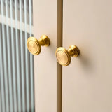 "Pair of solid brass cabinet knobs with a classic design on a light-colored cabinet."