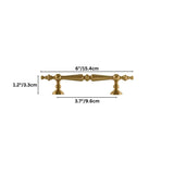 "Dimensions diagram of a brass pull bar handle with a tapered silhouette and classical details, showing measurements."