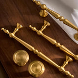 "Set of ornate brass knobs and pull bar handles with a classic design on a dark wood background."