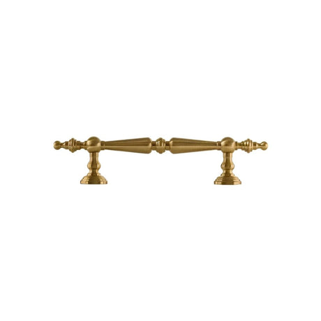 "Ornate brass pull bar handle with a detailed, classic design and a golden finish."