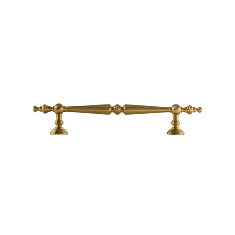 "Brass pull bar with a tapered silhouette and intricate classical details, suitable for cabinets, wardrobes, or drawers."