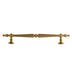 "Ornate brass pull bar handle with a tapered silhouette and intricate classical details."