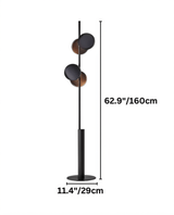 "A diagram showing the dimensions of a floor lamp with multiple circular shades, including height and base width in inches and centimeters."