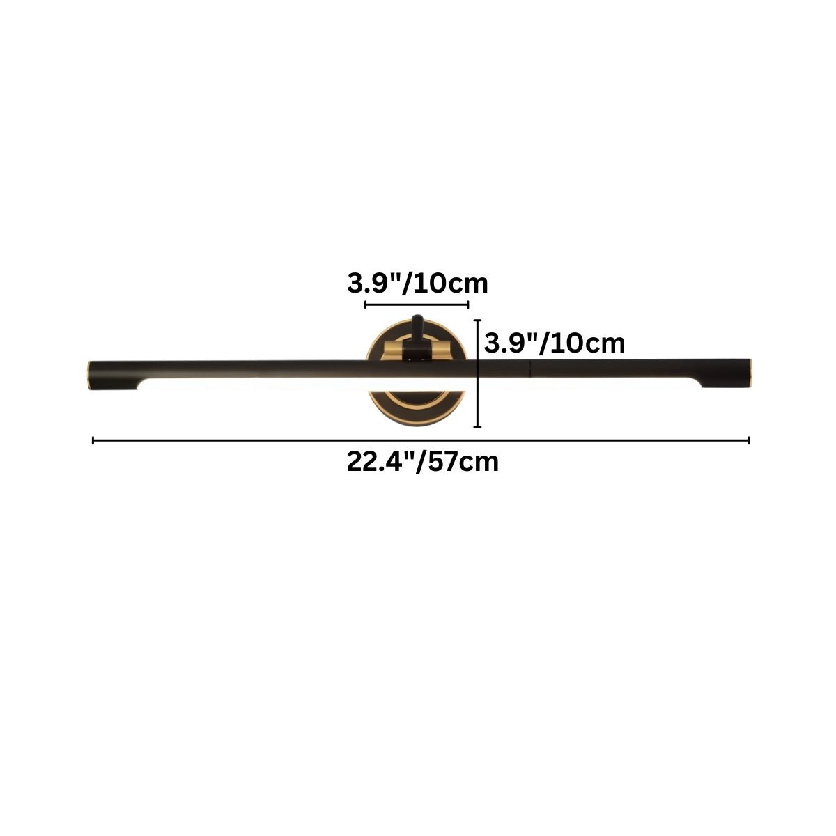 "Dimensions of a sleek black wall lamp with a horizontal bar design, 22.4 inches in length and a base width of 3.9 inches."
