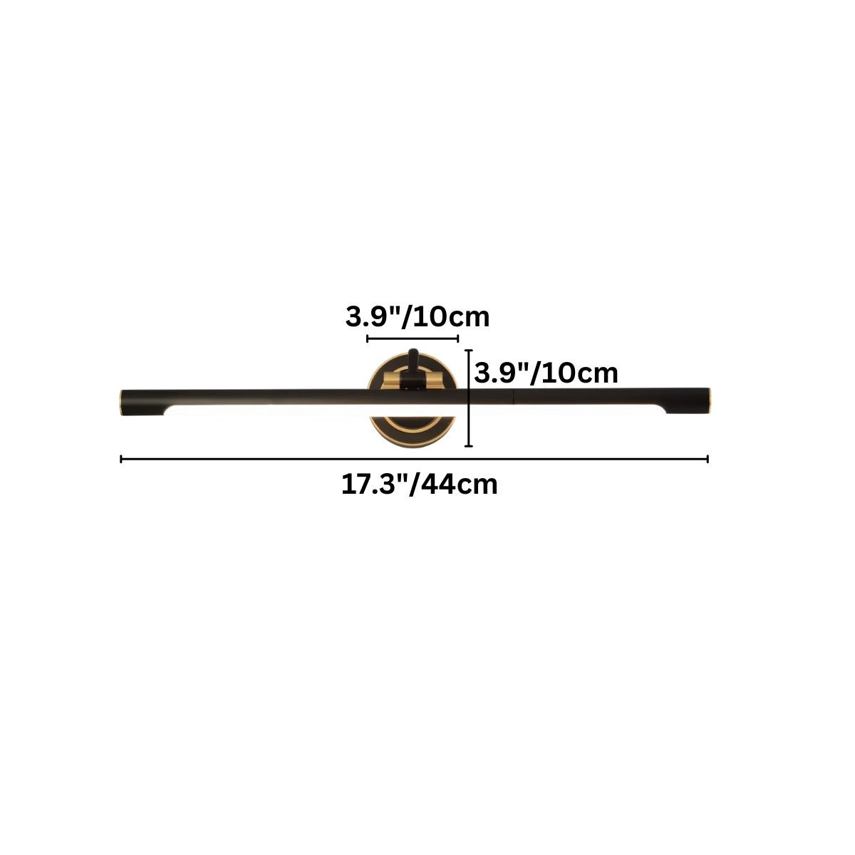 "Dimensions of a sleek black wall lamp with a horizontal bar design, 17.3 inches in length and a base width of 3.9 inches."