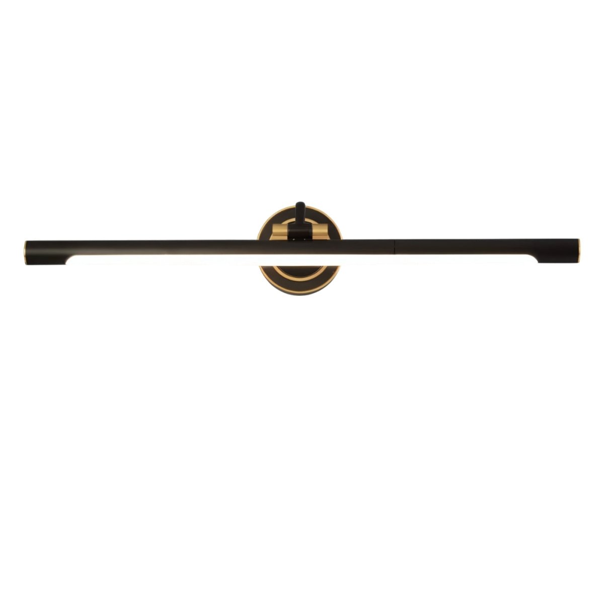 "A sleek black wall lamp with gold accents and a horizontal bar design, showcasing its modern aesthetic, isolated on a white background."
