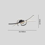 "A modern ceiling light with black and white intertwining LED bars, showing dimensions of 31.4 inches in length and 3.5 inches in height."