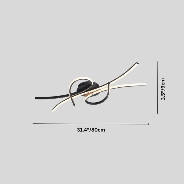 "A modern ceiling light with black and white intertwining LED bars, showing dimensions of 31.4 inches in length and 3.5 inches in height."