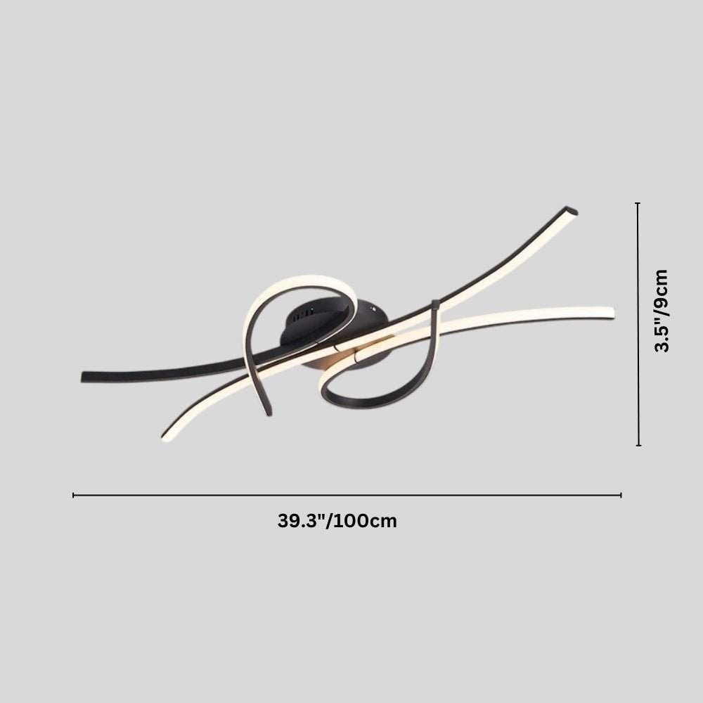 "A modern ceiling light with black and white intertwining LED bars, showing dimensions of 39.3 inches in length and 3.5 inches in height."