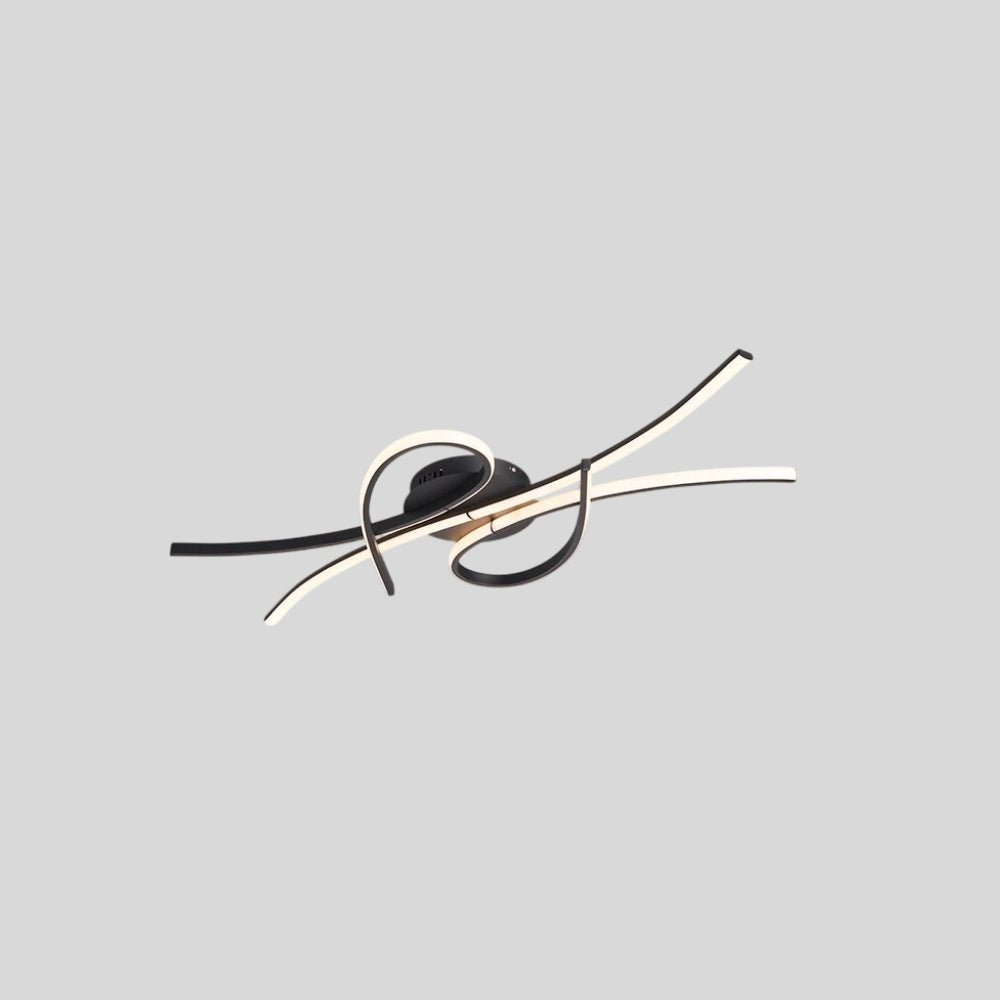 "A modern ceiling light with black and white intertwining LED bars in an abstract, sculptural design, shown on a gray background."