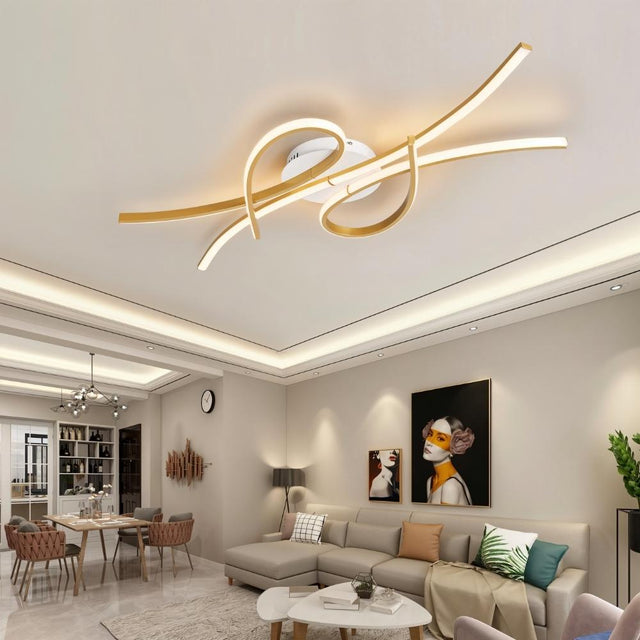 "A modern ceiling light with intertwining LED bars in an open-plan living and dining area with contemporary furniture."