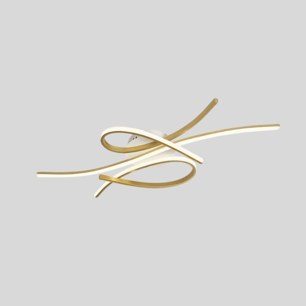 "A modern ceiling light with intertwining LED bars in a sleek, abstract design."