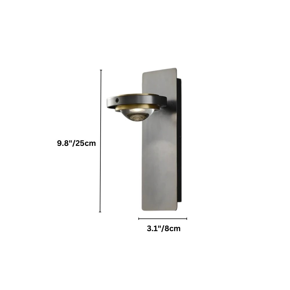 "A modern gunmetal wall lamp with a glass lens, showing dimensions of 9.8 inches in height and 3.1 inches in width."