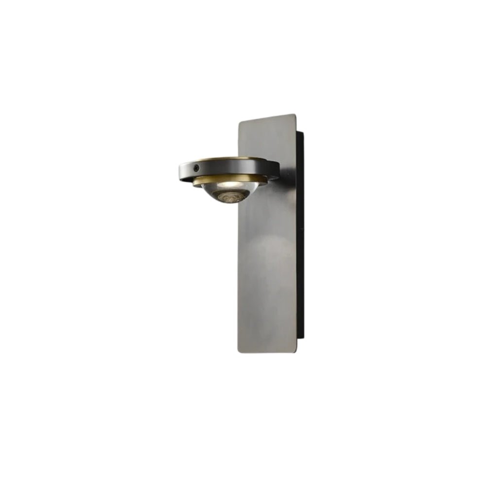 "A modern wall lamp with a single adjustable light, gunmetal finish, and glass lens, shown on a white background."