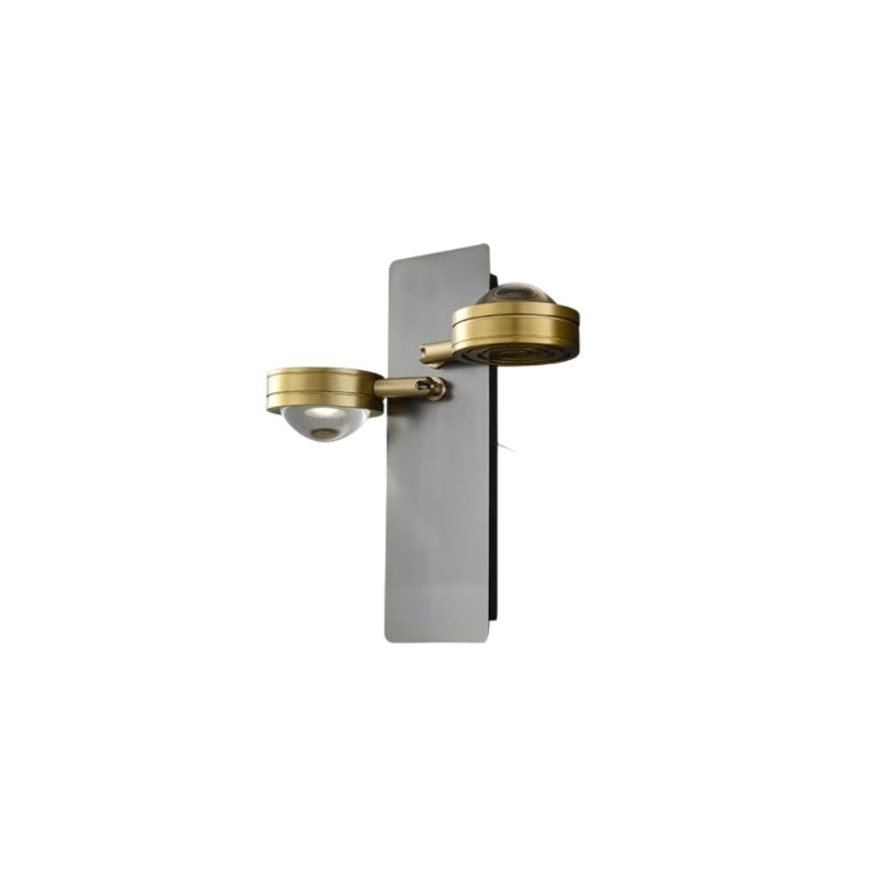 "A modern wall lamp with two adjustable lights, gunmetal frame, and glass lenses, shown on a white background."