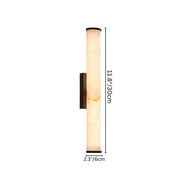 "Dimensions of the Falynis Wall Lamp with alabaster shade: 11.8 inches (30 cm) in height and 2.3 inches (6 cm) in width, featuring a solid brass base for durability."