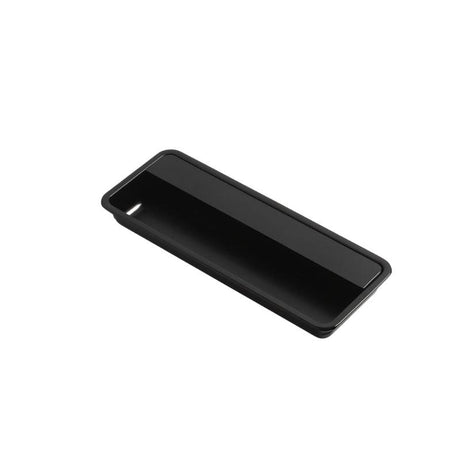 "Black rectangular recessed drawer pull made of aluminum alloy, featuring a minimalist design."