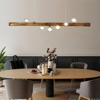 "Fayla pendant light with wooden beam-inspired design and efficient lighting, ideal for kitchen spaces to enhance functionality and style."
